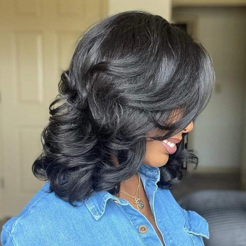 100% Human Hair 13x1 HD Lace Wig Natural Balck Wave Bob Hair