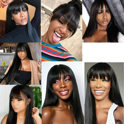 100% Human Hair Machine Made Brazilian Natural Black Straight Wig With Bangs