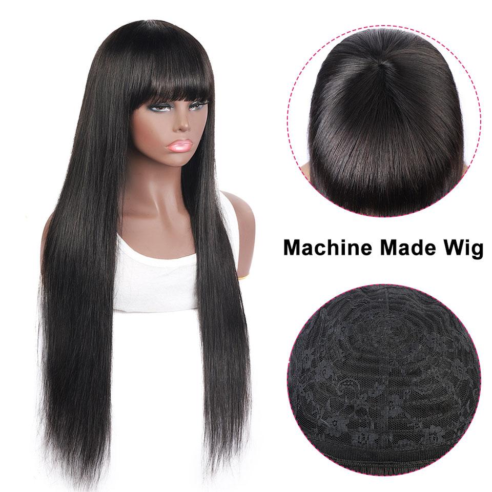 100% Human Hair Machine Made Brazilian Natural Black Straight Wig With Bangs